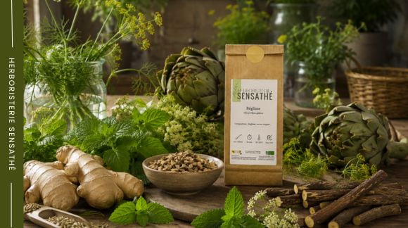 Plantes médicinales digestives fraîches et séchées (gingembre, mélisse, fenouil, artichaut et réglisse) autour d'un sachet de réglisse pour favoriser une bonne digestion - Herboristerie Sensathé